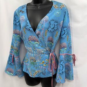 Topshop Magical Leopard Print Wrap Blouse in Blue Multicolor | Size 0